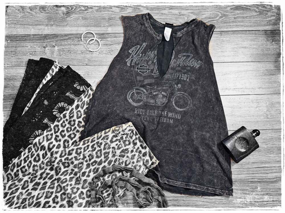 Harley-Davidson Women's Acid Wash Raw Edge V-Neck Tank Top with Rhinestones-L